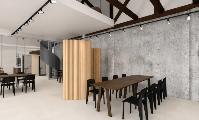 Render of a double-height coworking floor with long tables and large windows