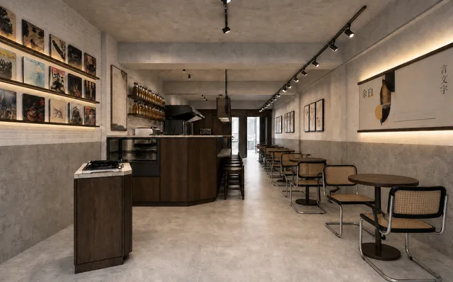 Render of the ground-floor dining area with a record wall and bar