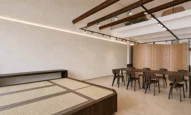 Render of a tatami platform beside long work tables